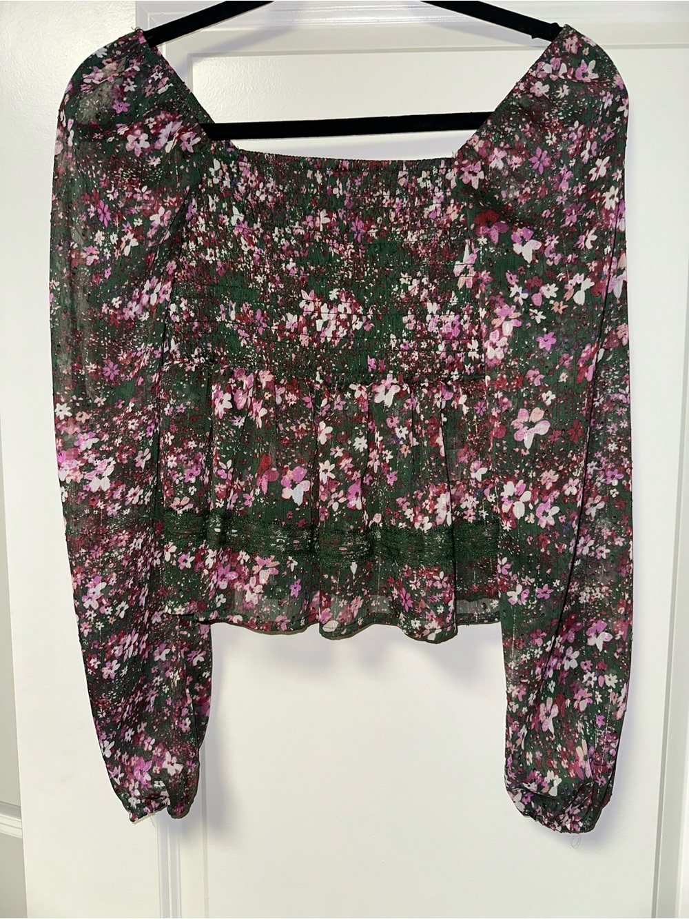 love, Fire Green Floral Smocked Top with Pink and Gold Accents